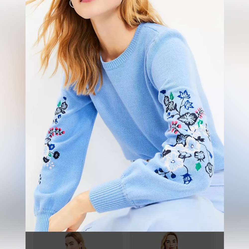 LOFT Knit Blue Sweater with embroidered Floral Detail on sleeves small - Picture 4 of 4